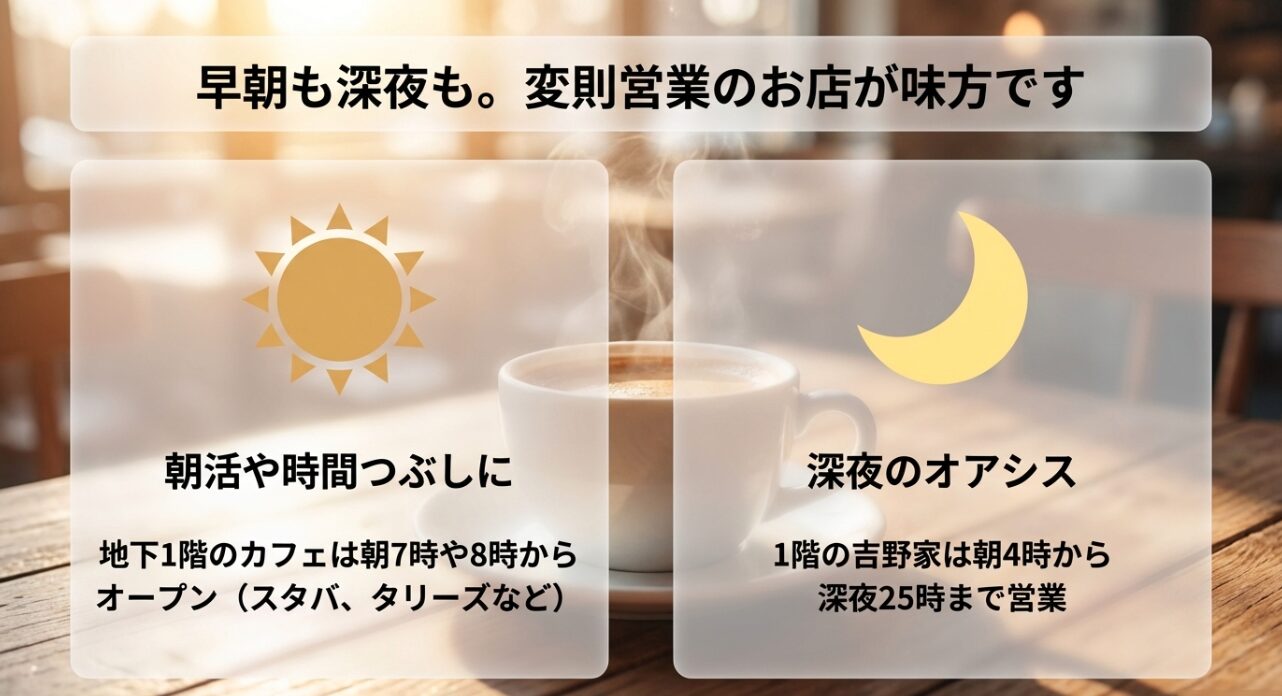 朝7時から開いているカフェや、深夜まで営業している吉野家などの変則営業店リスト。