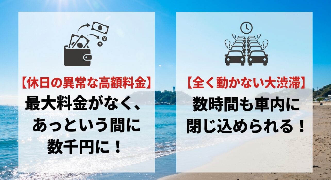 財布からお金が飛んでいくイラストと、鎌倉における休日の異常な高額料金や大渋滞リスクへの注意喚起