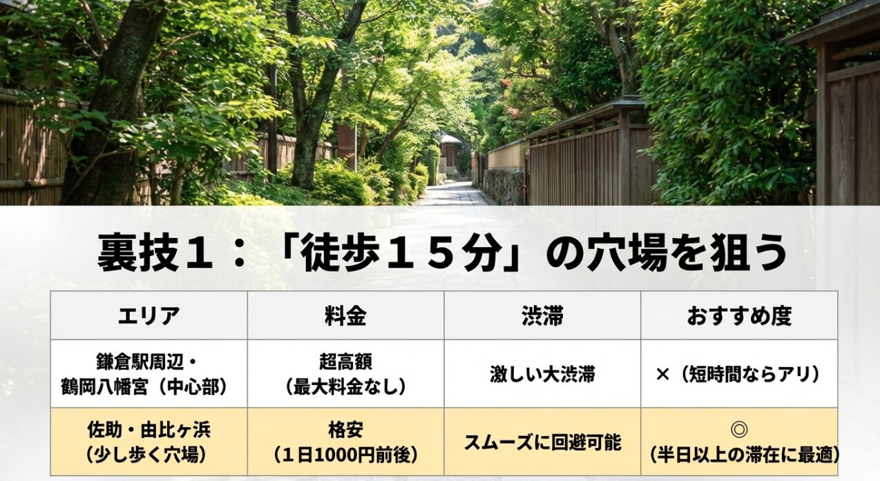 鎌倉駅周辺エリアと佐助・由比ヶ浜などの穴場エリアの駐車料金・渋滞状況・おすすめ度を比較した表