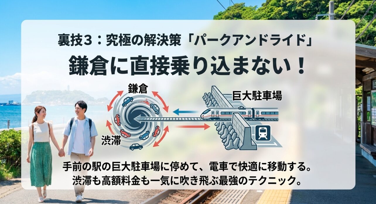 手前の駅の巨大駐車場に車を停めて、電車で渋滞を回避して鎌倉へ快適に移動するパークアンドライドの図解