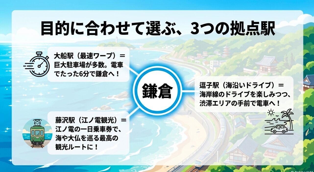 目的別に選ぶ大船駅・藤沢駅・逗子駅のパークアンドライド拠点の紹介