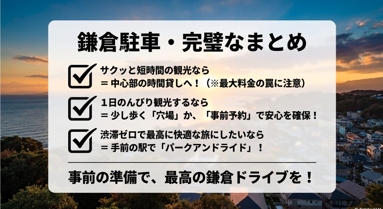 短時間観光、1日のんびり観光、渋滞回避など目的別の鎌倉駐車場選びの戦略まとめ