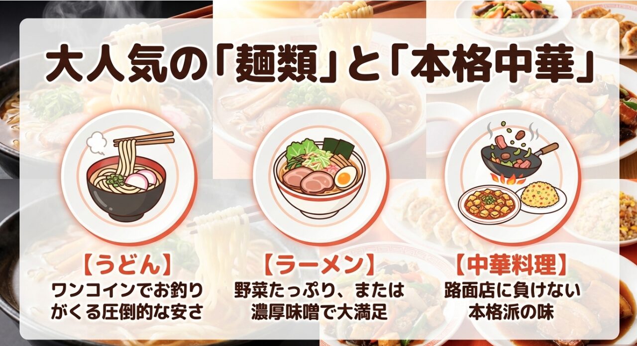フードコートで大人気のワンコインうどん、野菜たっぷりラーメン、本格中華料理のメニュー特徴