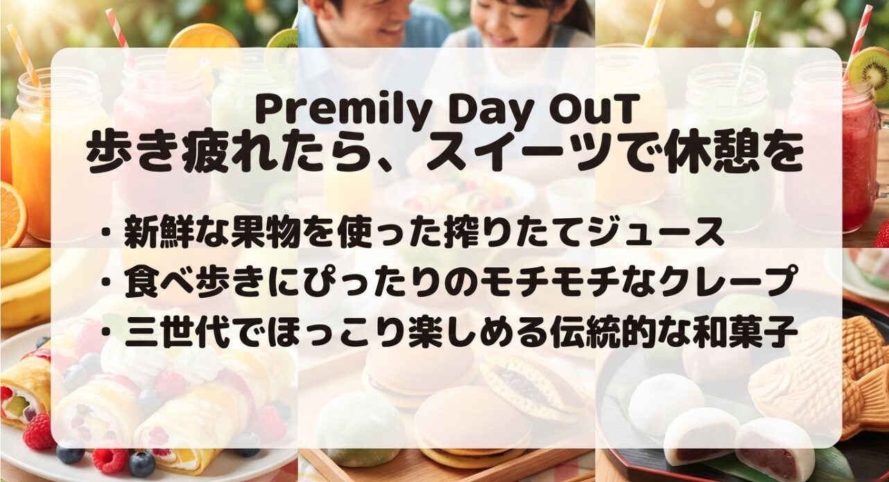搾りたてフルーツジュース、もちもちクレープ、伝統的な和菓子など、歩き疲れた時の休憩にぴったりな人気スイーツ