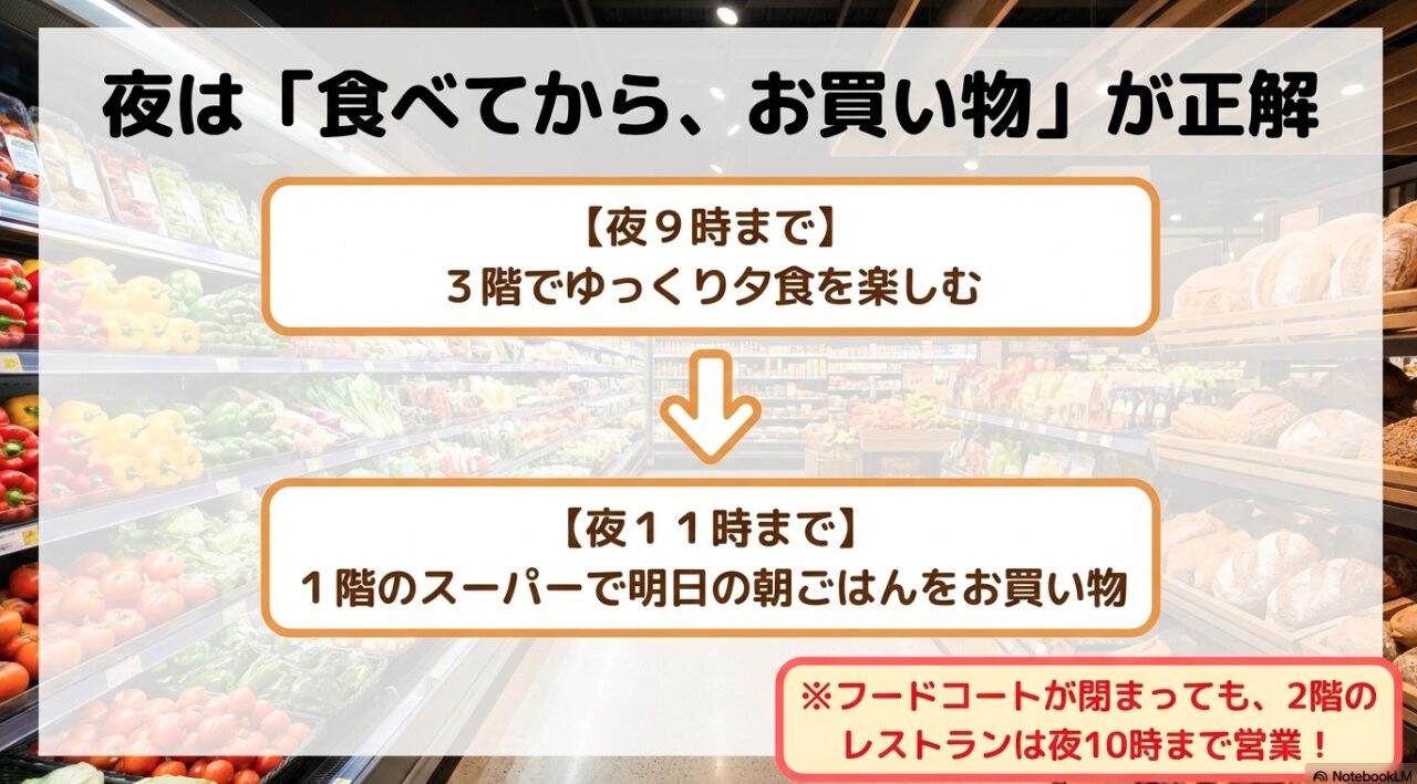 3階フードコートは夜9時まで、1階スーパーは夜11時まで営業。食べてから明日の朝ごはんを買い物するディナータイムの活用術