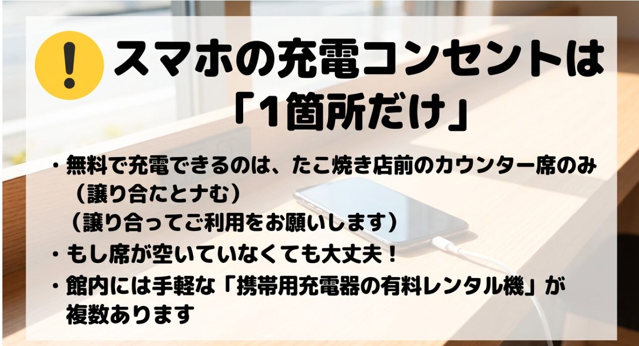 無料で利用できるスマホ充電用コンセントはたこ焼き店前のカウンター席のみ。館内には有料の携帯用充電器レンタル機も複数あり