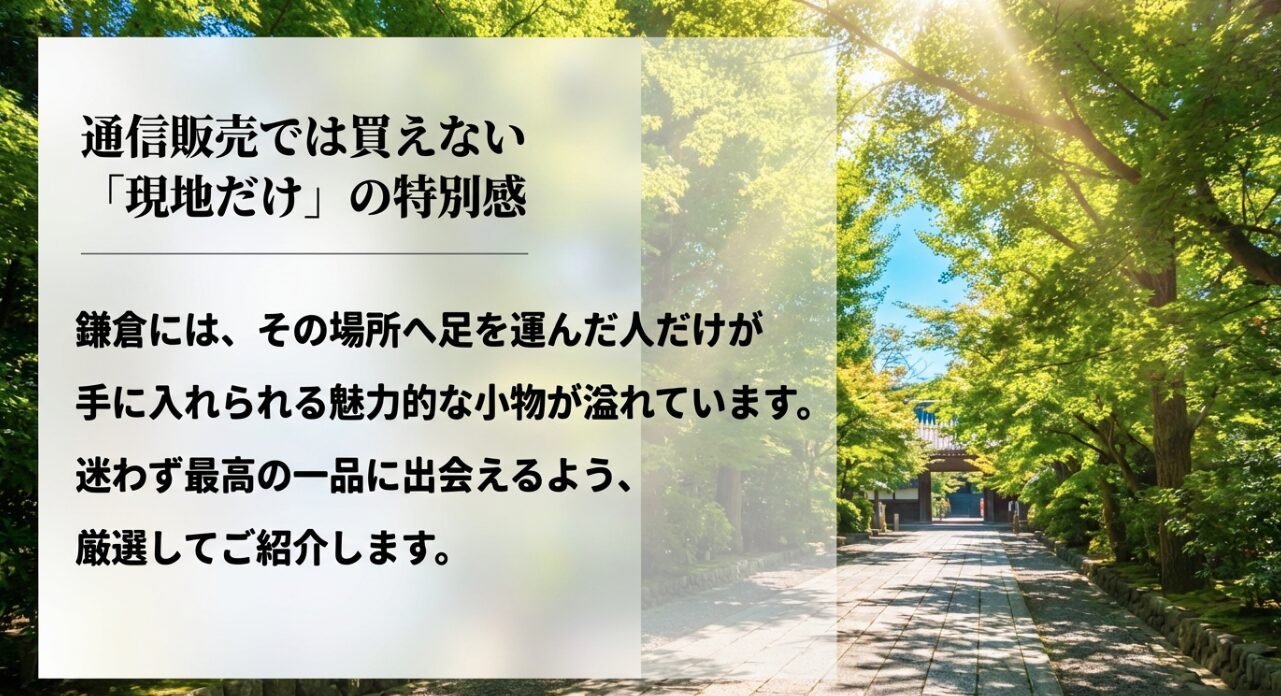通信販売では買えない「現地だけ」の特別感を強調した導入用スライド画像です。