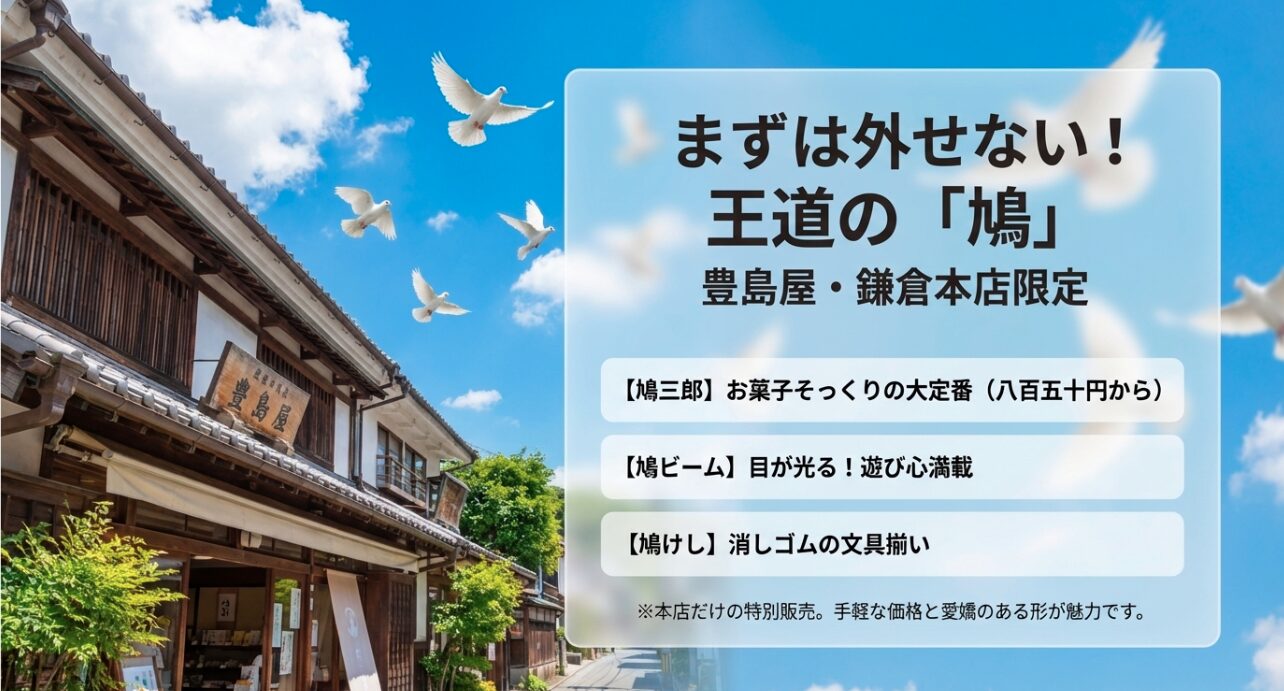 鎌倉土産の王道である豊島屋の鎌倉本店限定グッズを紹介するスライド画像です。