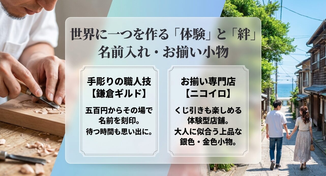 鎌倉で世界に一つだけのキーホルダーを作れる体験型店舗と絆を深めるお揃い小物を紹介するスライド画像です。