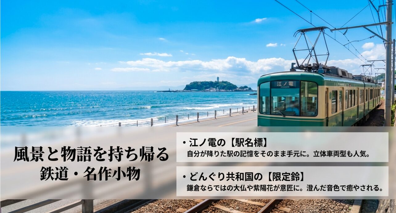 鎌倉の美しい風景と物語をそのまま持ち帰ることができる、鉄道や名作アニメの限定小物を紹介するスライド画像です。