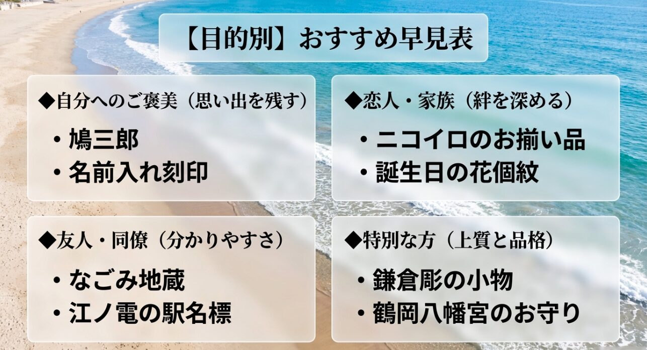 鎌倉の限定キーホルダーを目的や贈る相手別に整理したおすすめ早見表のスライド画像です。
