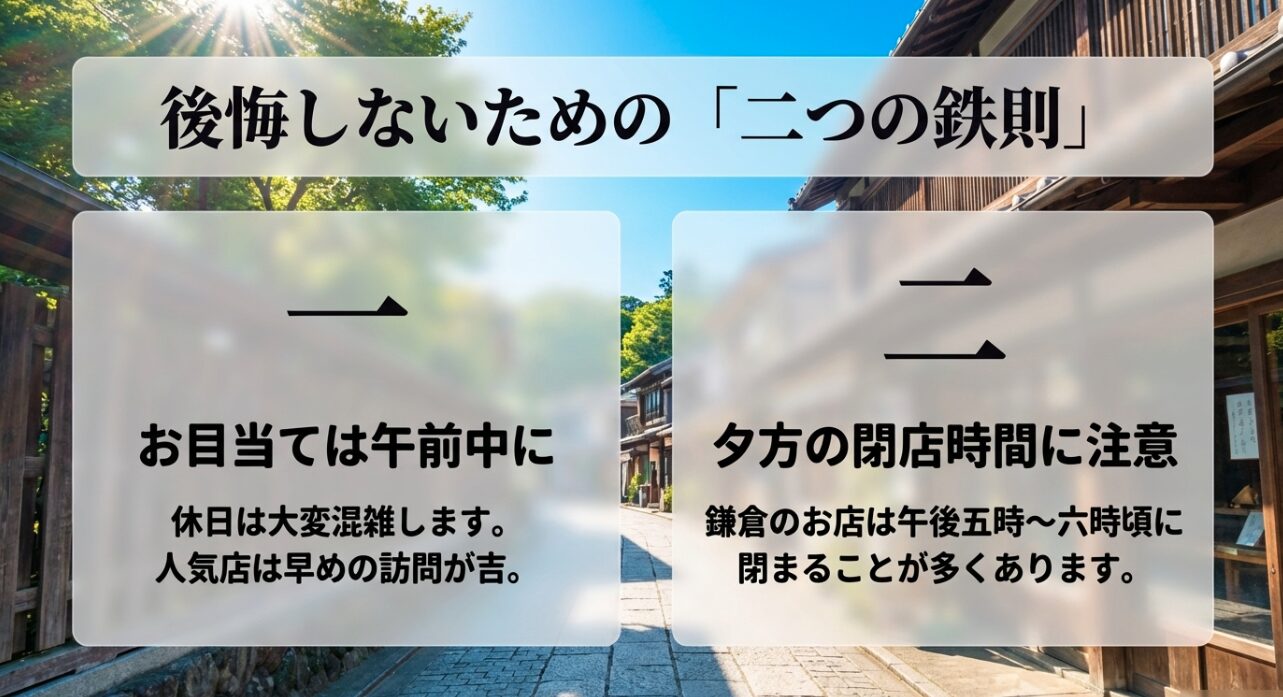 鎌倉でお土産選びをして後悔しないための二つの鉄則を解説するスライド画像です。