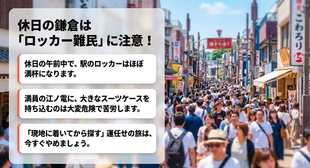 休日の午前中で鎌倉駅のロッカーはほぼ満杯になることや、満員の江ノ電に大きなスーツケースを持ち込む危険性を警告するスライド画像。