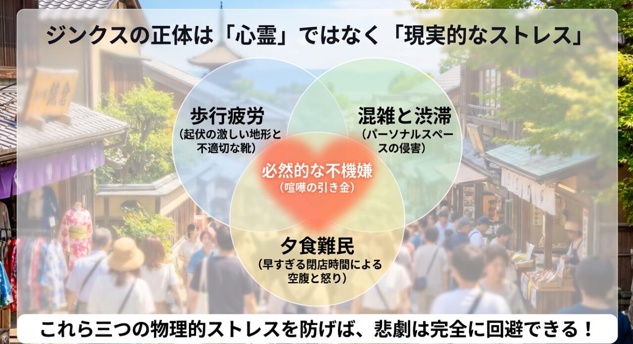 鎌倉デートで別れるジンクスの正体。歩行疲労、混雑と渋滞、夕食難民という3つの物理的ストレスを防げば悲劇は回避できるという図解。