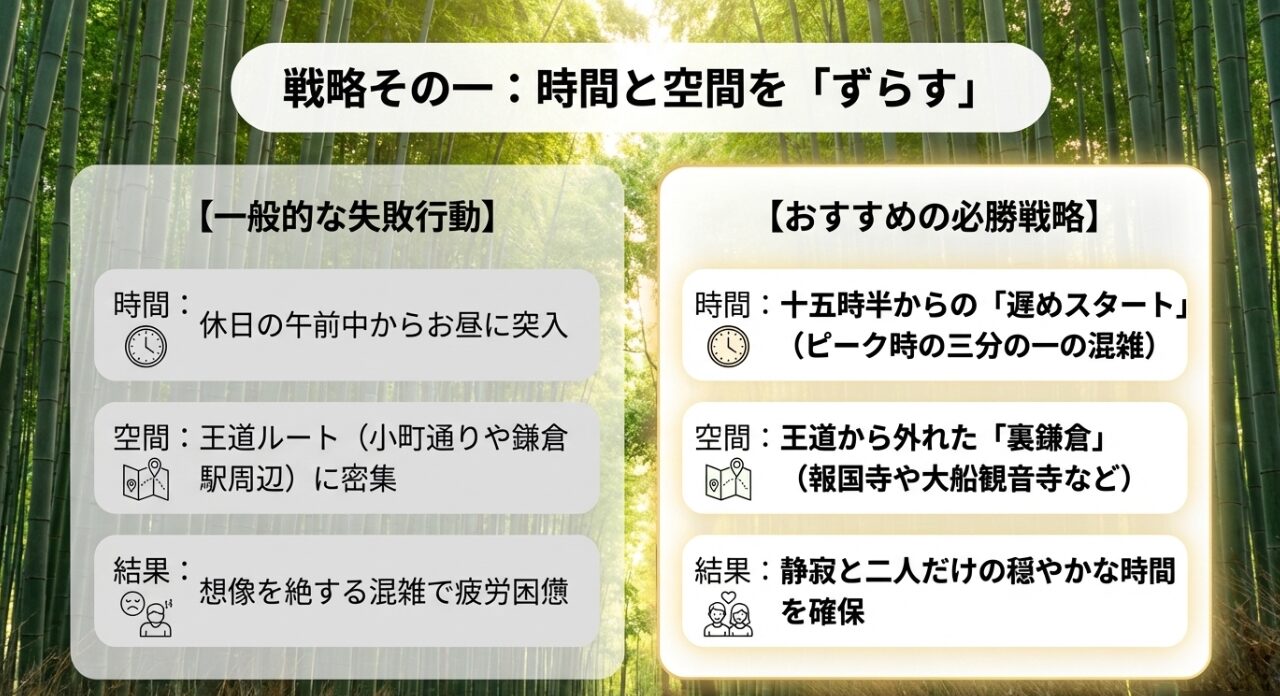 鎌倉デートの混雑を避けるため、15時半からの遅めスタートと裏鎌倉への空間的分散を推奨する、時間と空間をずらす必勝戦略。
