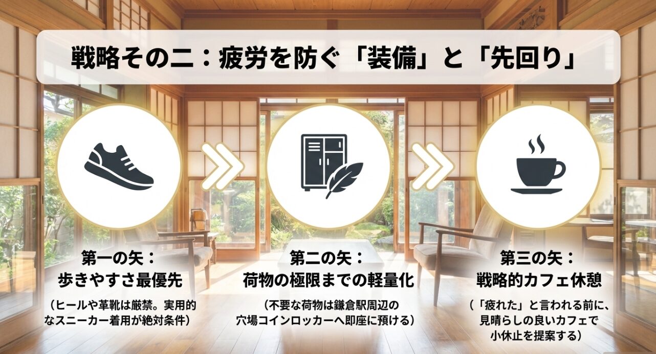 鎌倉散策の疲労を防ぐための対策。スニーカー着用、荷物の軽量化、戦略的カフェ休憩という3つの先回りポイント。