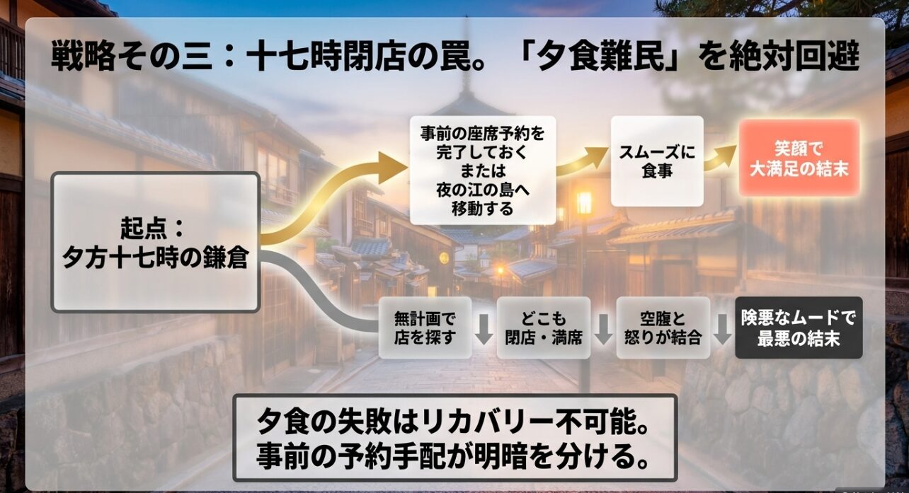 17時の鎌倉で夕食難民になるのを防ぐための対策。事前の座席予約か夜の江の島移動によって笑顔で大満足の結末を迎えるフロー。