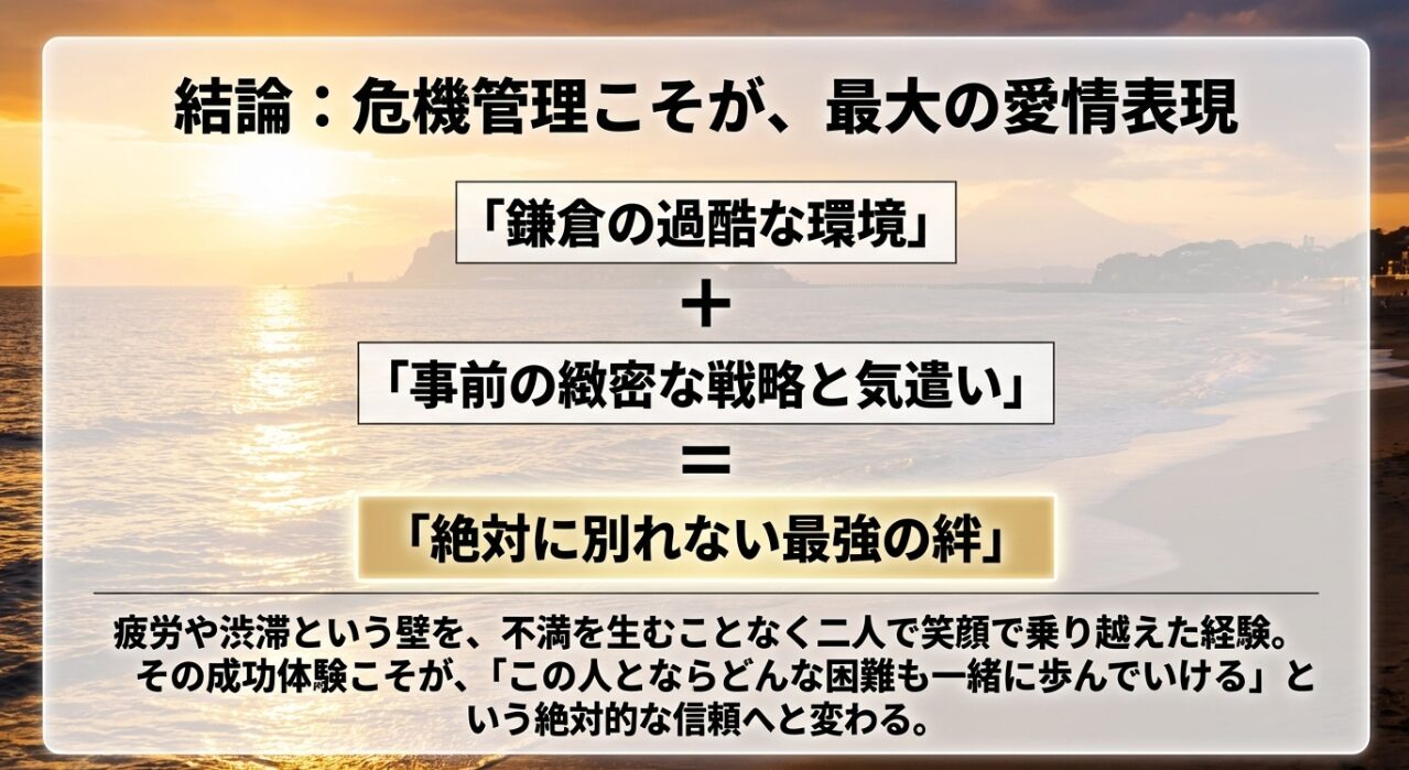 鎌倉の過酷な環境と事前の緻密な戦略が合わさることで絶対に別れない最強の絆が生まれるという、危機管理の重要性を示す図式。