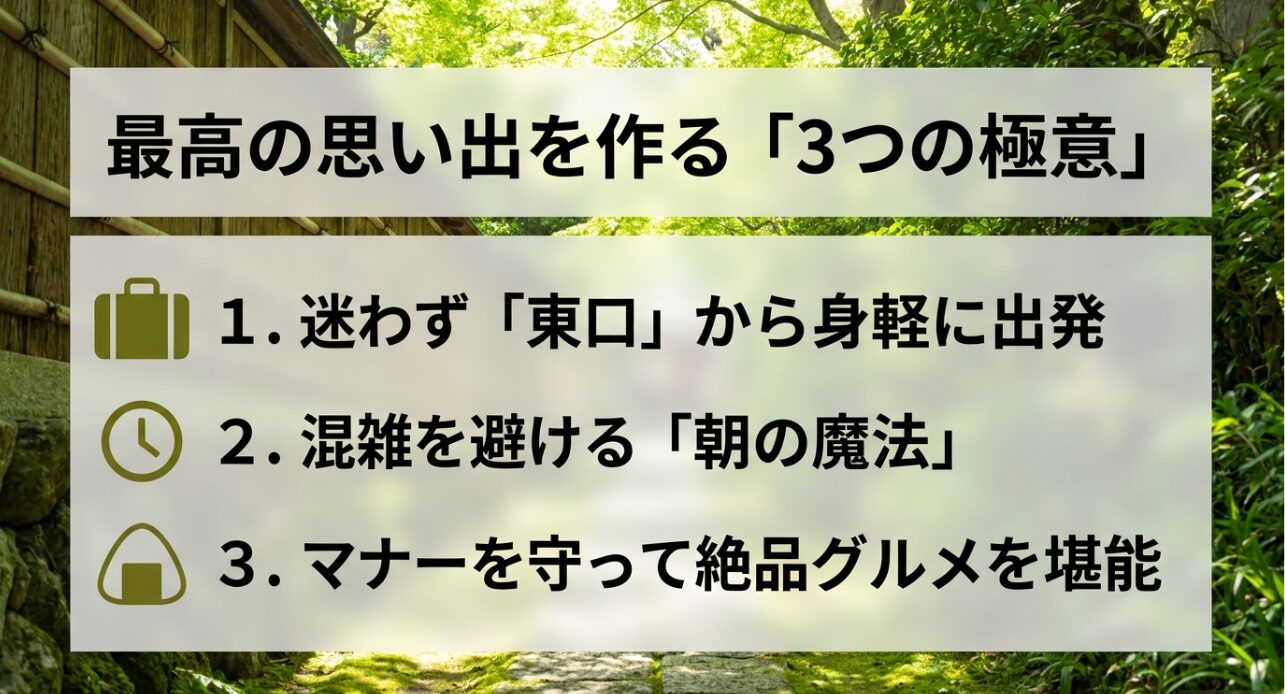 鎌倉観光で最高の思い出を作るための「3つの極意」をまとめたスライド画像です。