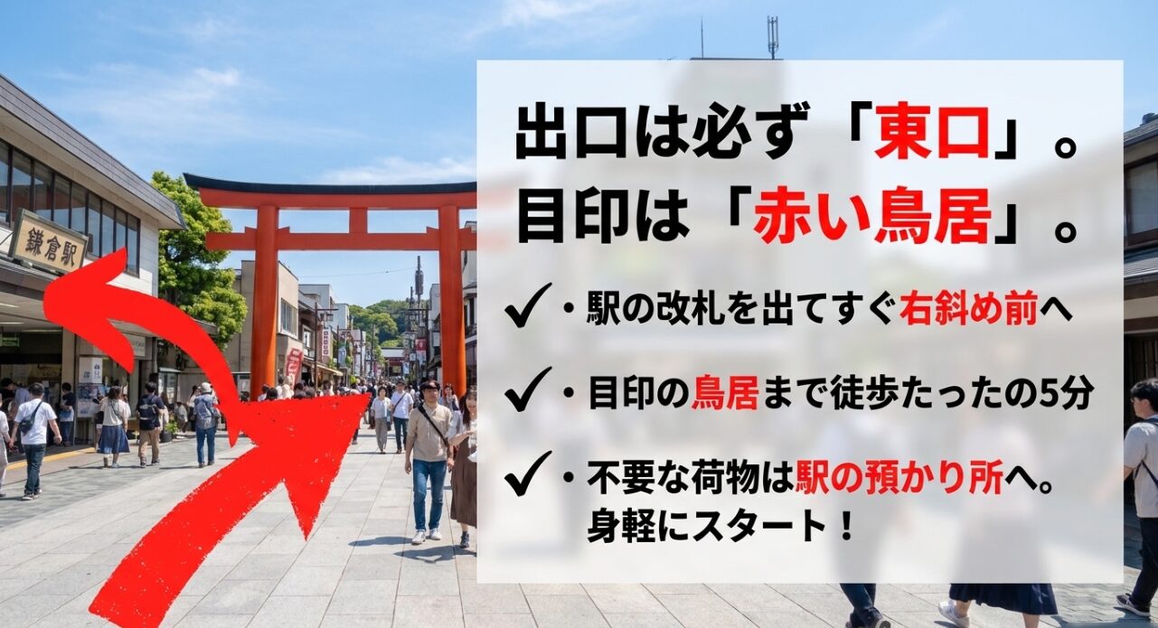 鎌倉駅から小町通りへのアクセス方法を解説したスライド画像です。