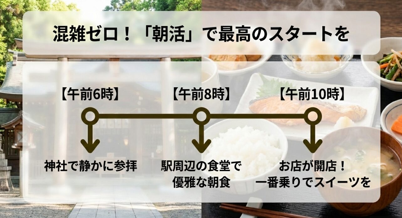 鎌倉での混雑を避けた「朝活」のタイムスケジュール例を示したスライド画像です。