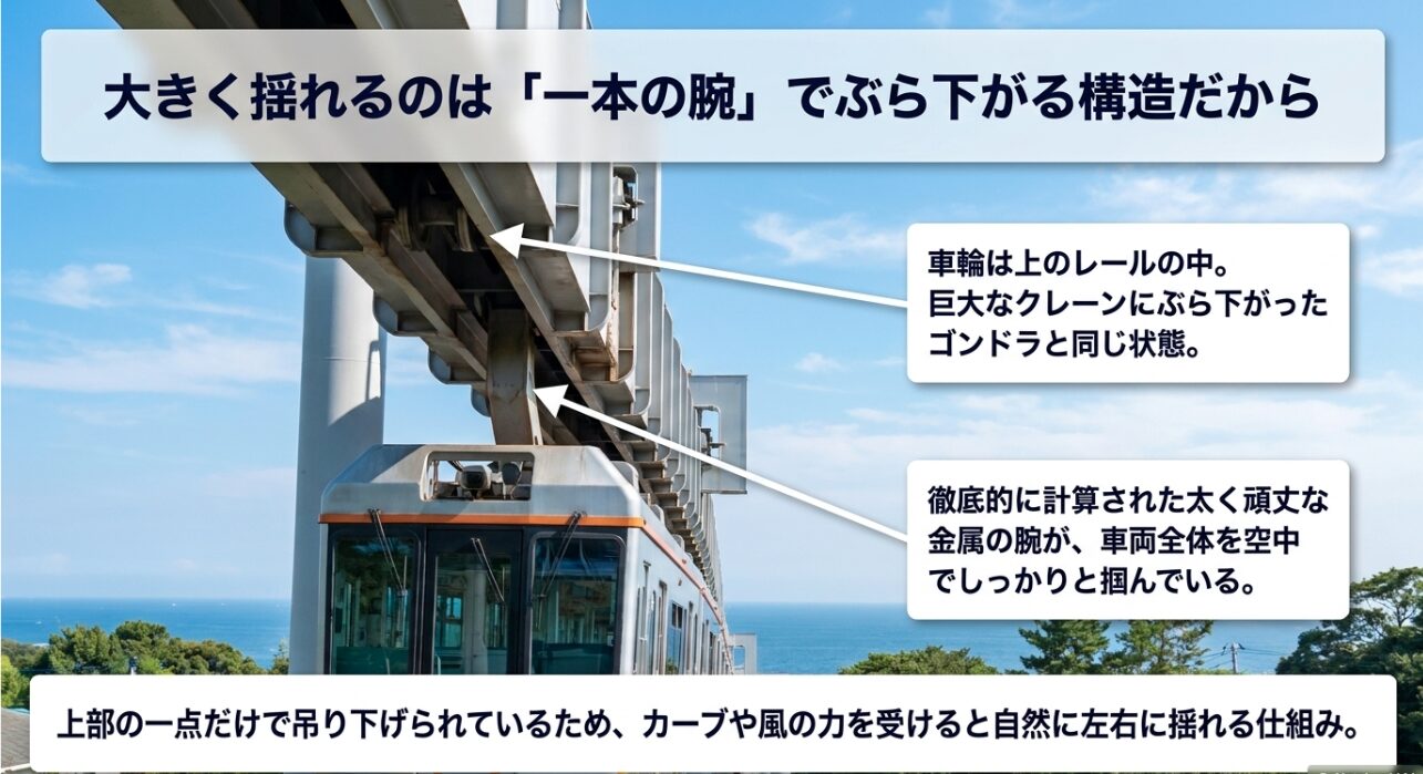 湘南モノレールが大きく揺れる理由として、車輪がレールの中にあり1本の腕でぶら下がるサフェージュ式の構造を説明した図