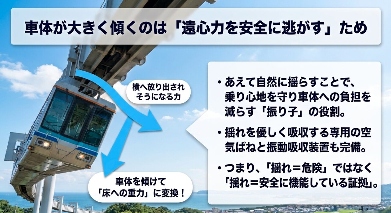 E 4（振り子作用）<h3>振り子作用がもたらす意外な乗り心地</h3>の直下、<h4>カーブで大きく傾く「振り子作用」は安全の証拠</h4>の直前shonan-monorail-pendulum-effect.jpg車体が傾く振り子作用と遠心力の分散車体が大きく傾くのは遠心力を安全な床への重力に逃がすための振り子作用であり、安全に機能している証拠であることを示す図PAGE 5（箱型レールと事故）<h3>過去の事故の真相と脱線しない理由</h3>の直下、<h4>1990年の衝突事故。その時モノレールはどうなった？</h4>の直前shonan-monorail-box-rail-safety.jpg絶対に落ちない鋼鉄の箱型レールの構造タイヤが分厚い鉄の箱の中に密閉されているため、物理的にレールから外れない絶対に落ちない仕組みと1990年の事故の教訓を解説した図PAGE 6（観光客と地元民）<h2>湘南モノレールは怖いのか？評判と安全性</h2>のリード文最後（「...紐解いていきます。」）の直後、<h3>観光客の評判はスリル満点で非常に高い</h3>の直前shonan-monorail-tourist-and-local.jpg観光客のアトラクションと地元民の生活を支える湘南モノレール観光客には絶叫アトラクションとして、地元民には利用者の約9割を占める全天候型の日常の足として活躍する湘南モノレールの特徴PAGE 7（景色と駅構造）<h3>目に迫る地上の景色と急勾配の錯覚</h3>の直下、<h4>大船工場跡地が広がるダイナミックな車窓風景</h4>の直前shonan-monorail-sky-walk-view.jpg渋滞知らずで絶景を楽しめる空中散歩渋滞知らずで海や山のダイナミックな景色を楽しめ、ビルの5階の駅に到着するワクワク感を解説したスライドPAGE 8（安全設計とまとめ）<h3>湘南モノレールが怖いからこそ味わえる魅力</h3>の直下、<h4>恐怖感の裏にあるのは、究極まで計算された安全設計</h4>の直前shonan-monorail-ultimate-safety.jpg究極の安全設計が作る最高のアトラクション怖いほどのスリルは絶対に落ちない安全設計の裏返しであり、日常と非日常が交差する奇跡の路線の魅力を伝えるまとめスライド