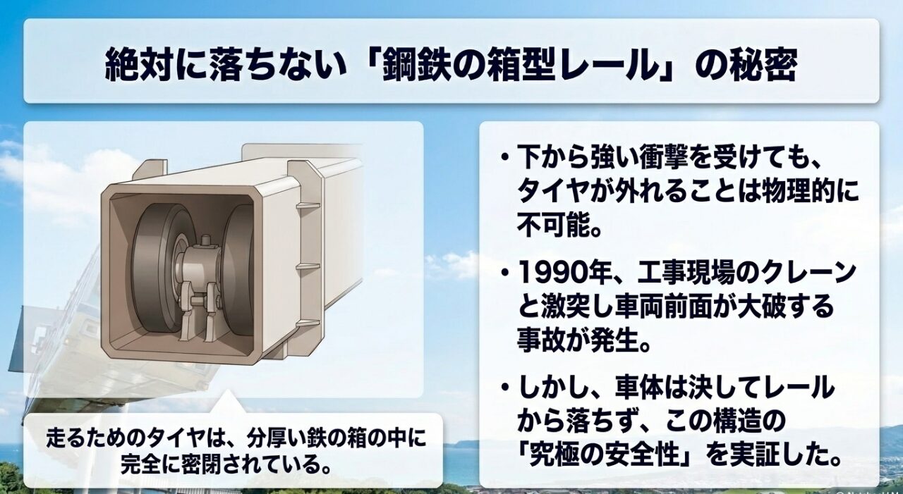 タイヤが分厚い鉄の箱の中に密閉されているため、物理的にレールから外れない絶対に落ちない仕組みと1990年の事故の教訓を解説した図