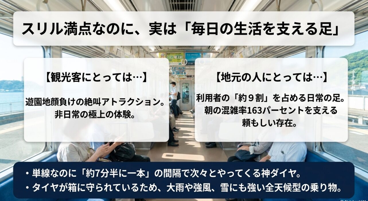 観光客には絶叫アトラクションとして、地元民には利用者の約9割を占める全天候型の日常の足として活躍する湘南モノレールの特徴
