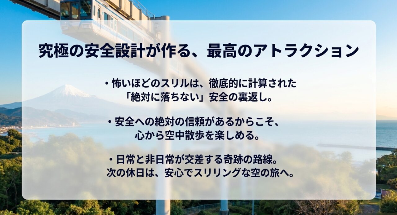 怖いほどのスリルは絶対に落ちない安全設計の裏返しであり、日常と非日常が交差する奇跡の路線の魅力を伝えるまとめスライド