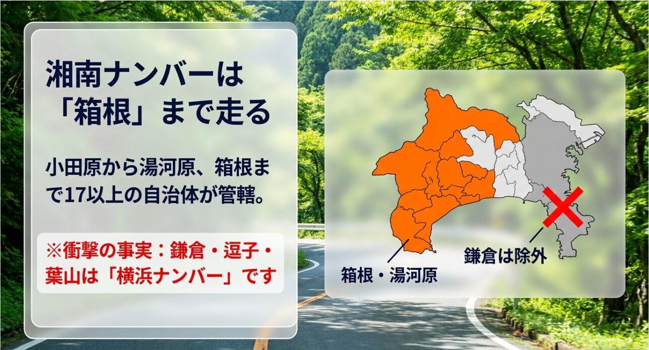 湘南ナンバーの管轄エリア。箱根や湯河原が含まれる一方で、鎌倉・逗子・葉山は横浜ナンバーとなる事実