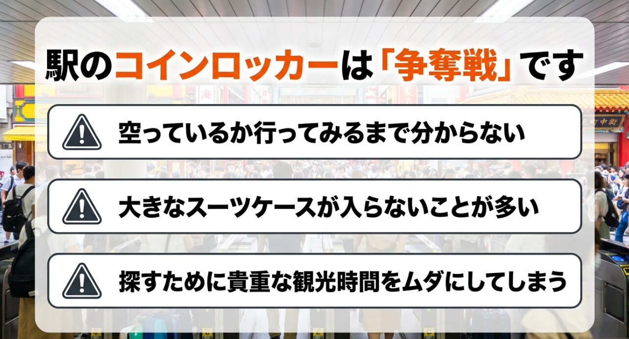 駅のコインロッカーは空き状況が分からず大型の荷物が入らないなど争奪戦になることを解説したスライド