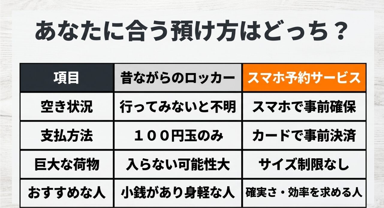 昔ながらのコインロッカーとスマホ予約サービスの違い（空き状況、支払方法、巨大な荷物など）を比較した表のスライド