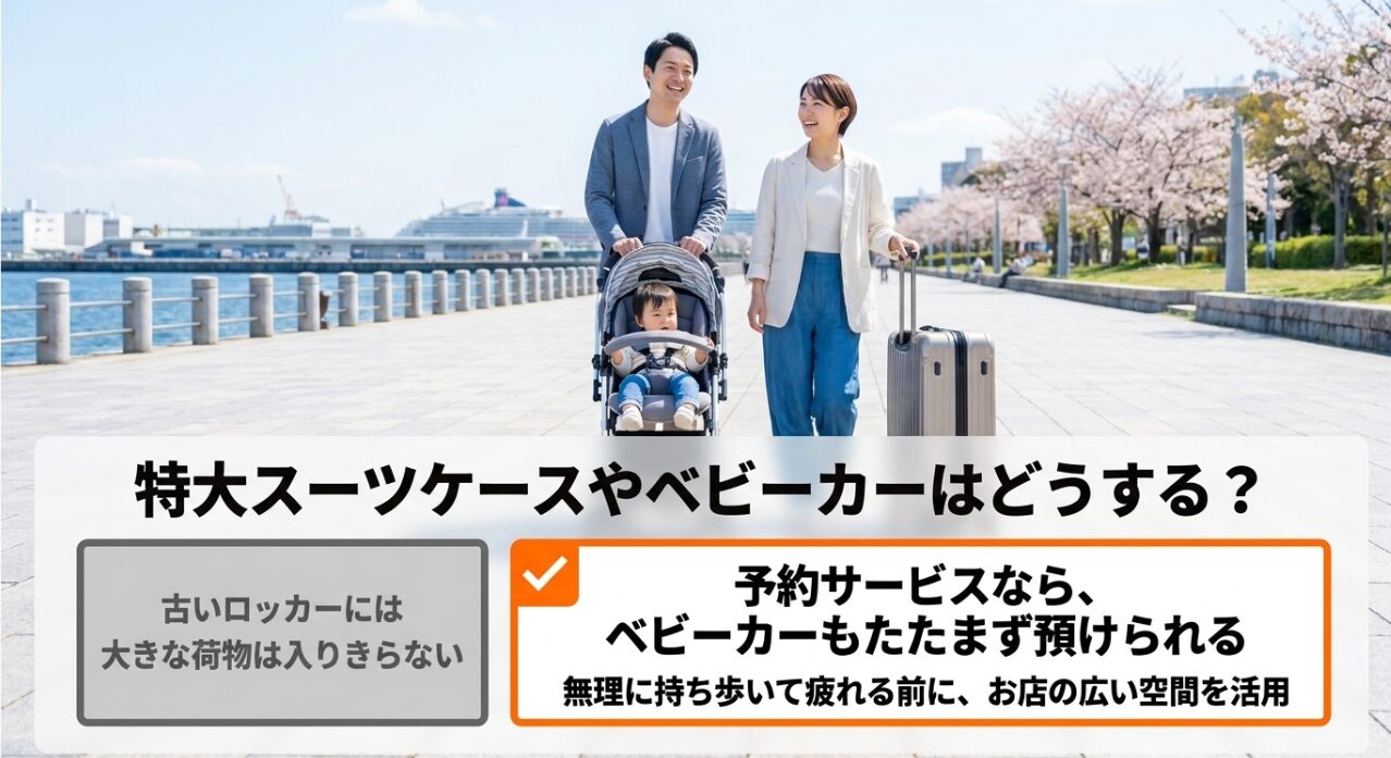 スマホ予約サービスを利用すればベビーカーもたたまずに大きな荷物として預けられることを説明したスライド