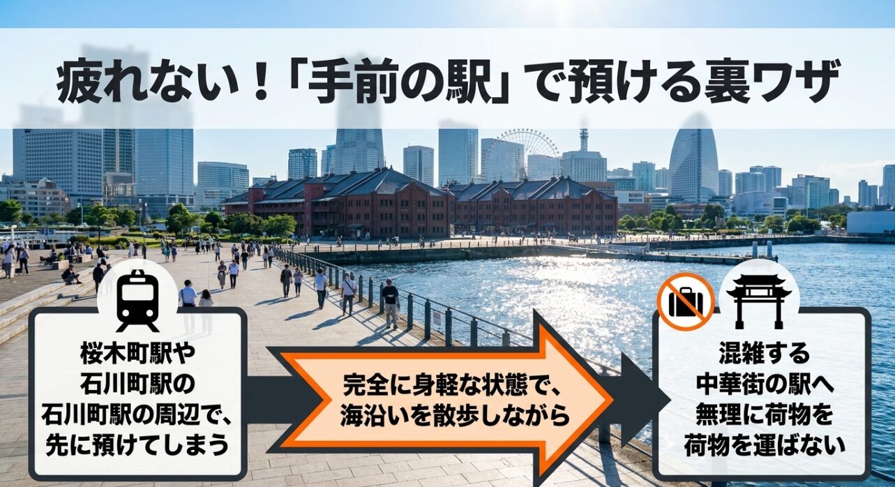 桜木町駅や石川町駅など手前の駅で事前に荷物を預けて、身軽に横浜観光を楽しむルートの提案スライド