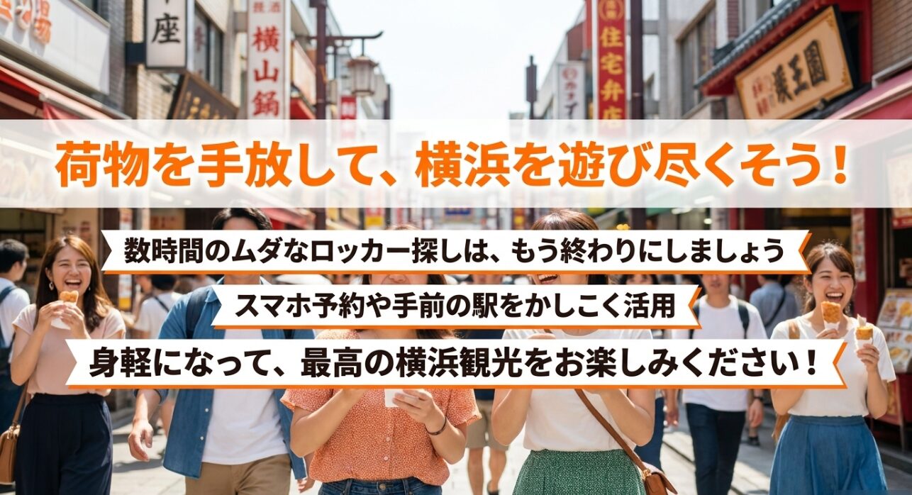 スマホ予約や手前の駅を活用して手ぶらで横浜観光を遊び尽くそうというまとめのスライド