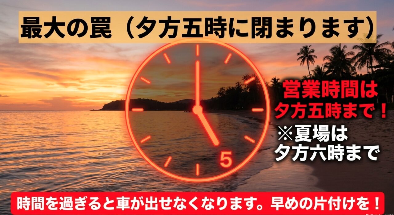 営業時間は夕方5時（夏場は6時）まで、時間を過ぎると車が出庫不可になる注意点