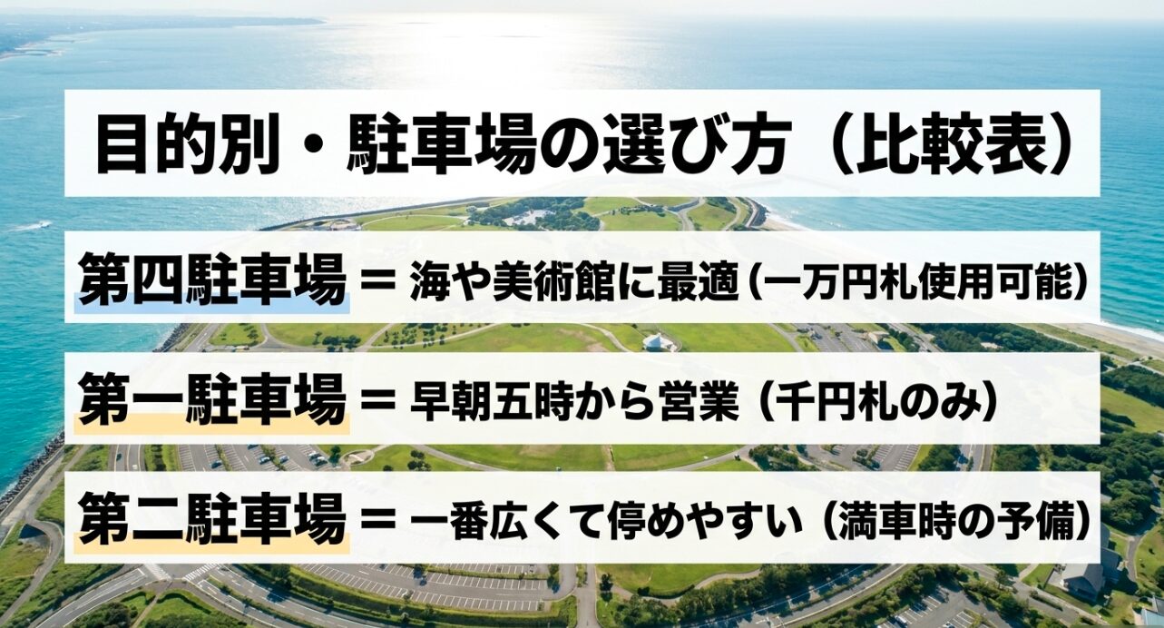目的別の駐車場選び方（海や美術館に最適な第4、早朝営業の第1、満車時予備の第2駐車場の比較）
