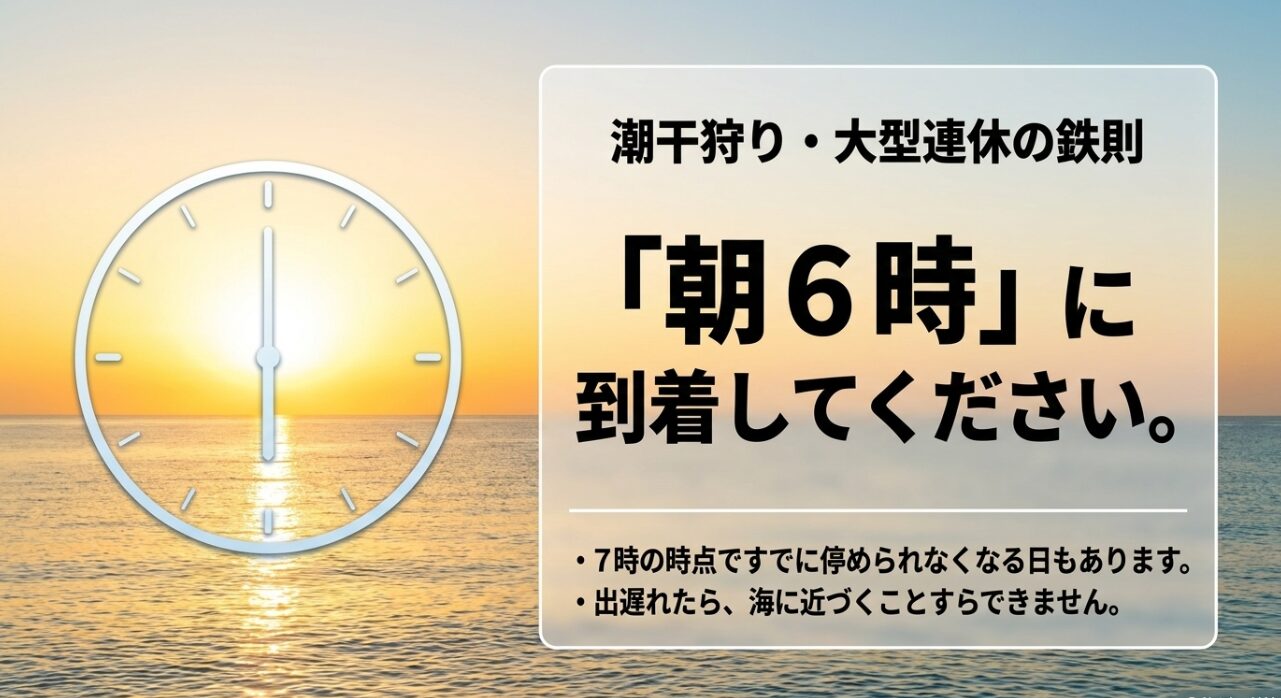 潮干狩り・大型連休の鉄則は朝6時に到着すること。出遅れたら海に近づくことすらできない