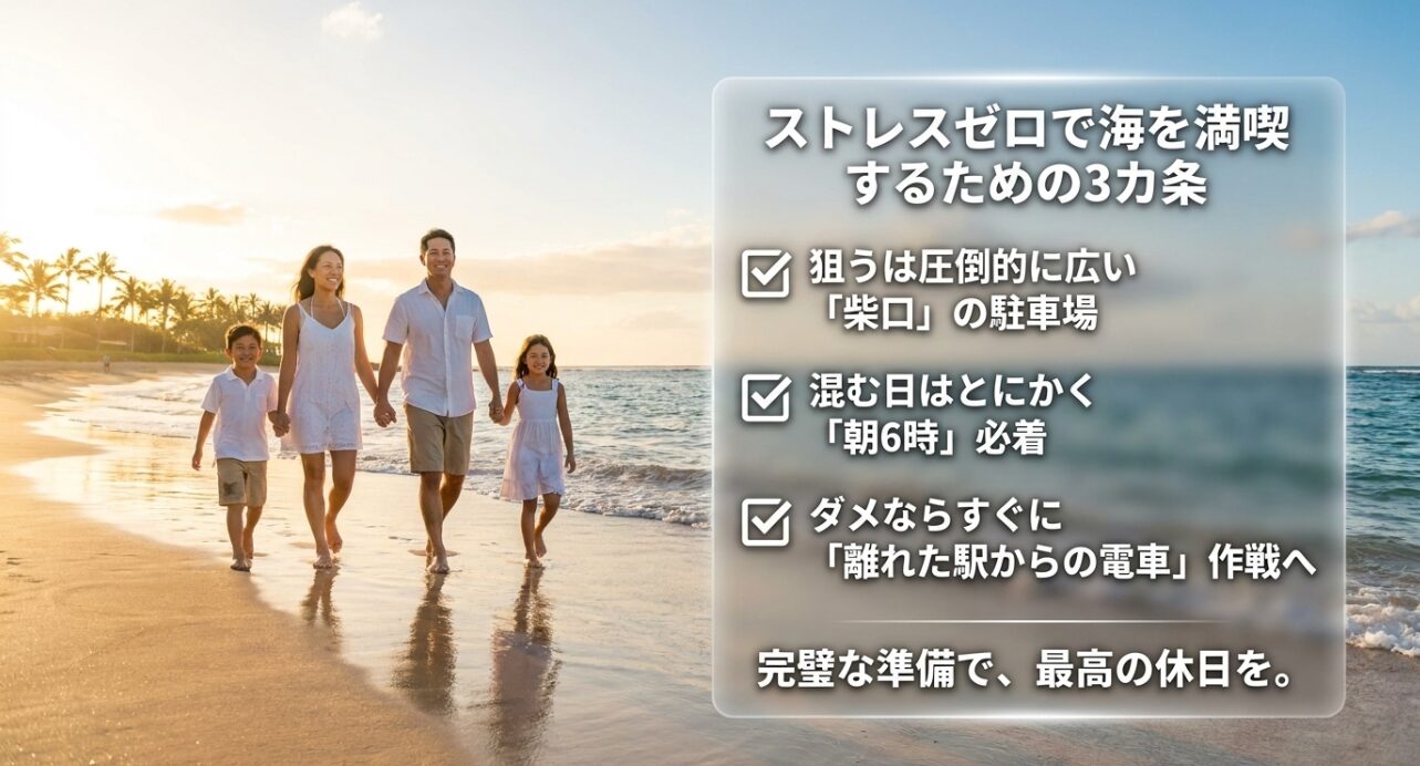 ストレスゼロで満喫するための3カ条。圧倒的に広い柴口を狙う、混む日は朝6時必着、ダメなら離れた駅からの電車作戦へ