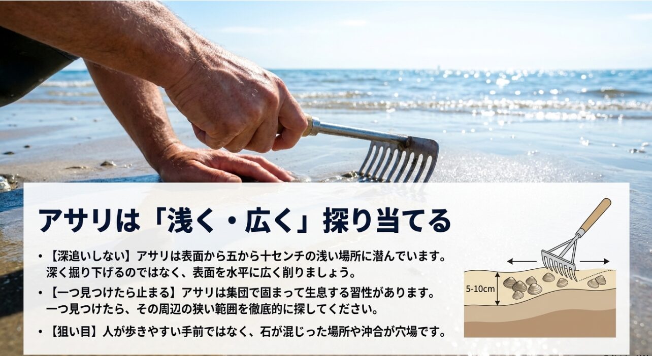 アサリを効率よく探すコツ（表面から5〜10cmを浅く広く熊手で探る図解）