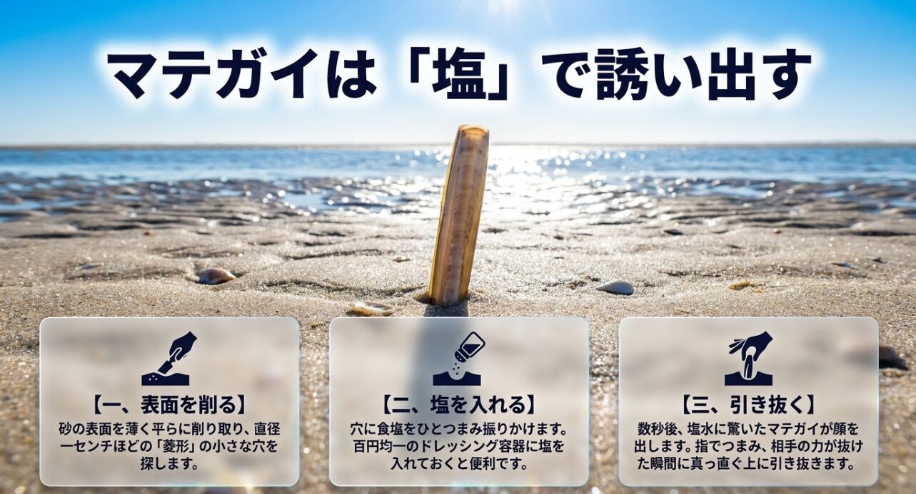 マテガイを塩で誘い出して捕獲する3つの手順
