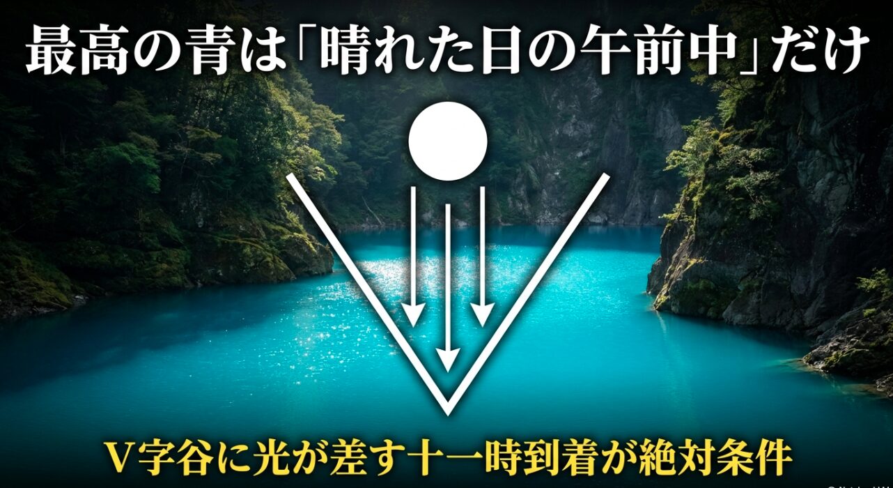 最高の青は「晴れた日の午前中」だけ、十一時到着が絶対条件というスライドの主張が、見出しの内容をダイレクトに補完しているためです 。