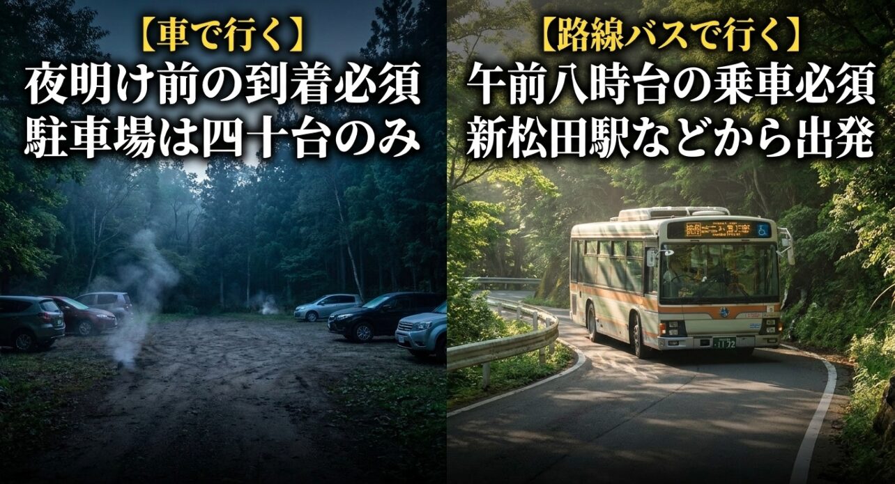 ユーシン渓谷へのアクセス方法。車で行く場合の夜明け前到着や、路線バスで午前8時台に乗車する条件の解説