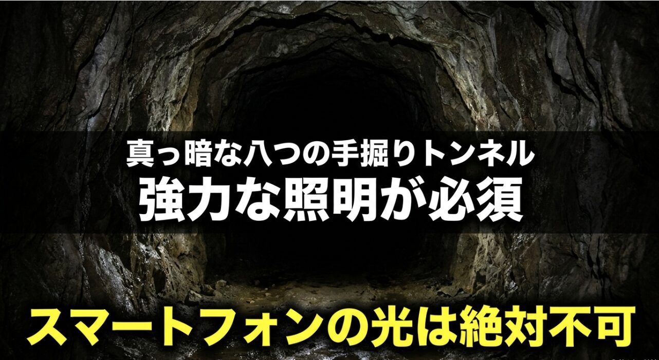 真っ暗な八つのトンネルに対し、スマートフォンの光が絶対不可であることを本文の警告ボックスと連動させるためです 。