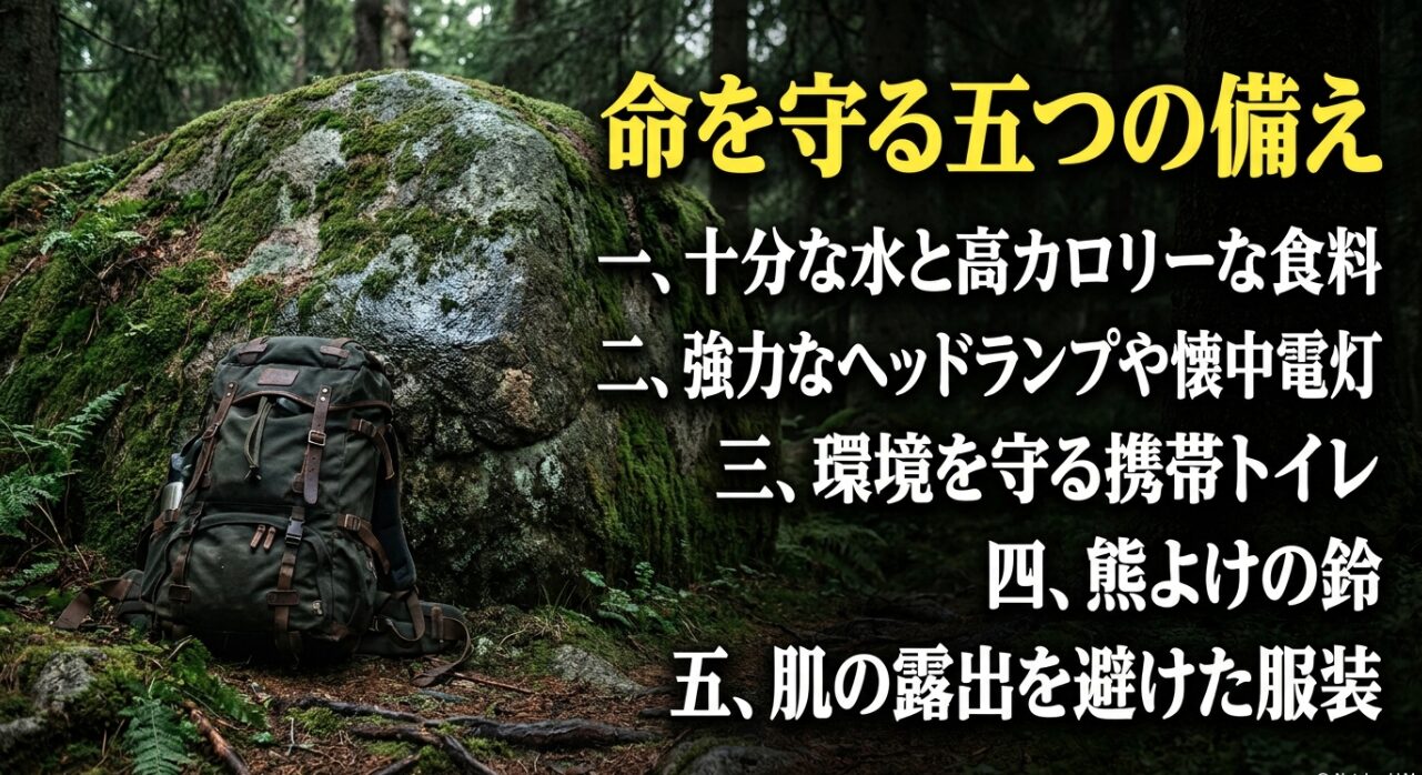 水や高カロリーな食料、携帯トイレ、熊よけの鈴など、命を守るための5つの備えが箇条書きで分かりやすくまとまっているためです 。