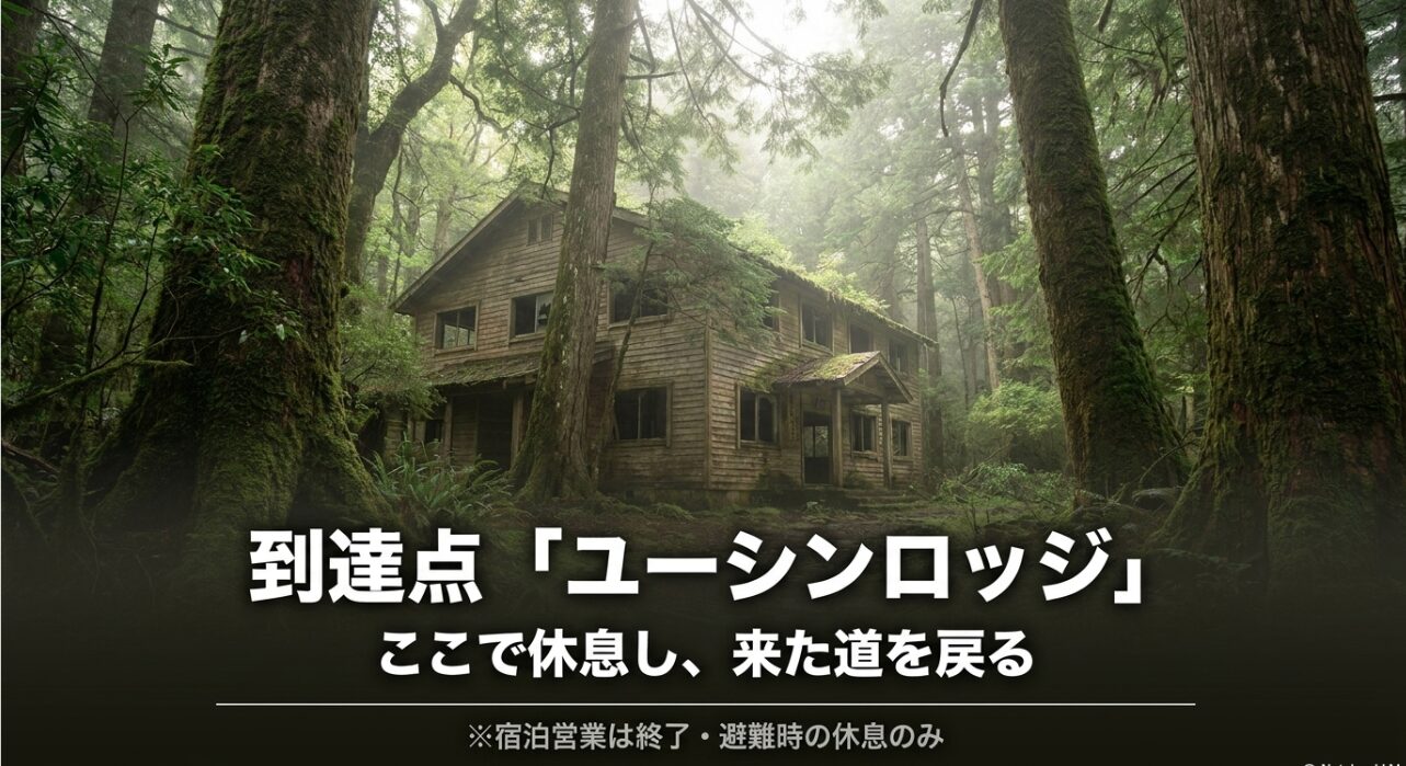 ハイキングの到達点ユーシンロッジ。ここで休息し来た道を戻る。宿泊営業は終了済み