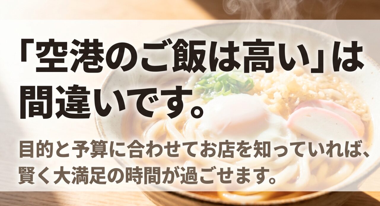 空港のご飯は高いというのは間違いであり、目的と予算に合わせてお店を知っていれば賢く大満足の時間が過ごせることを伝えるスライド