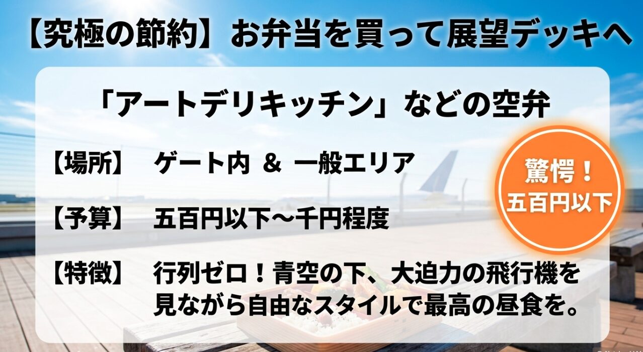 アートデリキッチンなどの空弁をテイクアウトし、行列ゼロで飛行機を見ながら昼食を楽しむ究極の節約スタイルを紹介するスライド