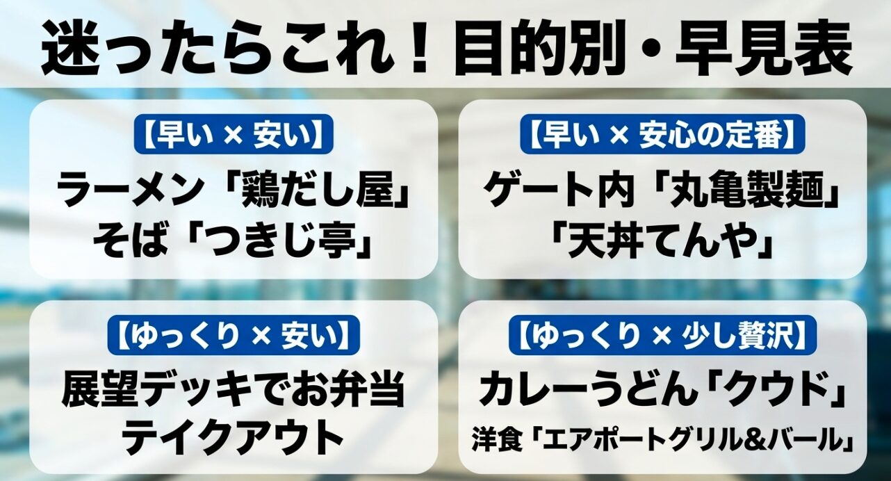 早い、安い、ゆっくり、少し贅沢などの目的別に、おすすめの飲食店やテイクアウトを分類した早見表のスライド